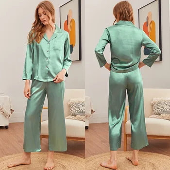 2021 pijama simulação de seda senhoras candy color roupa de duas peças por atacado de pijama conjunto de mulheres