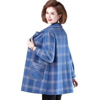 2022 Nova de Outono Inverno de meia-Idade Xadrez Mulheres Casaco de Lã de comprimento Médio Imitar Vison de lã Quente Cuecas de Lã Casaco Feminino Tops