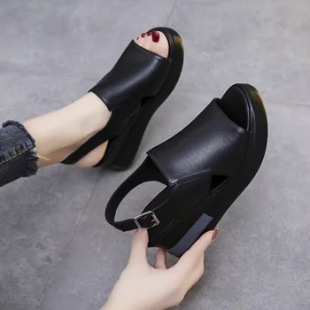 2022 Verão as Mulheres da Cunha Sandálias Plataforma Sapatos de Salto Sandálias de Couro Pu Estilo coreano Casuais Sapatos de Senhoras de Dedo do pé Aberto Slides
