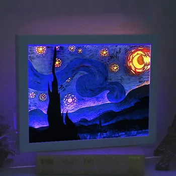 3D a Luz E a Sombra Van Gogh Veilleuse Céu Estrelado Papel Escultura Lâmpada Criativo de Cabeceira, Luzes de Noite Estrelada Lâmpada de Iluminação interna