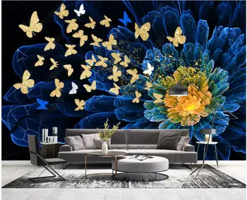 3d papel de parede para parede na rola Modernos de fantasia dourada borboleta flor azul personalizado mural de Decoração de casa foto de papel de parede de sala de estar