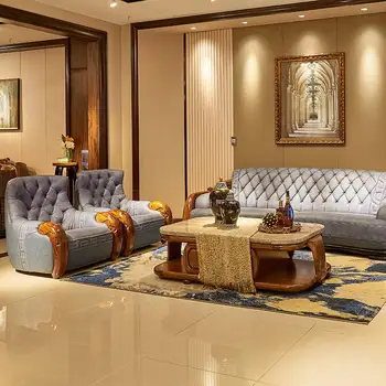 Alto grau de sólidos de madeira móveis da sala de ébano sofá Europeia simples sofá de couro azul sofá mesa de café combinação