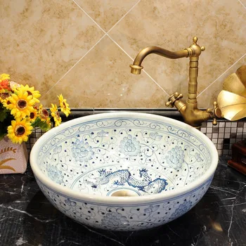 Bancada da casa de Banho de Cerâmica Dissipador da Embarcação lavatório casa de banho vintage lavatório azul e a branca da pia do banheiro