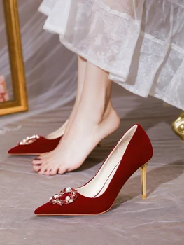 Camurça De Casamento Sapatos De Inverno Feminino 2021 Nova Noiva, Sapatos Vinho Tinto Salto Alto Prateado Fino Salto Chinês Sapatos