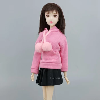 Cor-de-rosa Roupas Para Bonecas Barbie Moda Casaco de Capuz Preto Plissado Saia de Roupas Conjunto De 1/6 BJD Bonecas Acessórios de Brinquedos de DIY