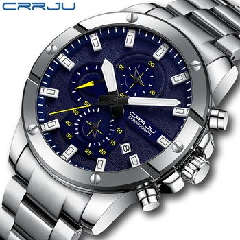 CRRJU 2296 Prata, de Cor Azul, Sistema de Design Clássico Relógio de Pulso relógio de Pulso Impermeável, de Aço Inoxidável dos homens de Luxo, Relógios de Quartzo