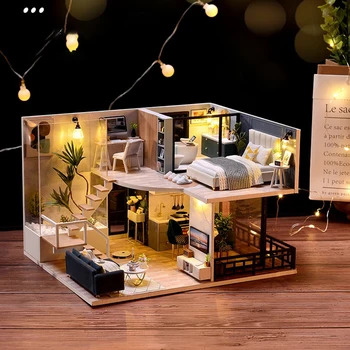 DIY Casa de Boneca Montar Miniatura Casa de Madeira Casa de bonecas em Miniatura de Móveis Kit de Brinquedos Villa Moderna casa de campo de Puzzle Playset Presente