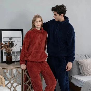 Fofo Amante Conjunto de Pijama de Inverno de Lã Quente Mulheres Pijamas 2 Pcs com Calças de Gola alta Engrossar Pijamas Terno para o sexo Feminino 2021