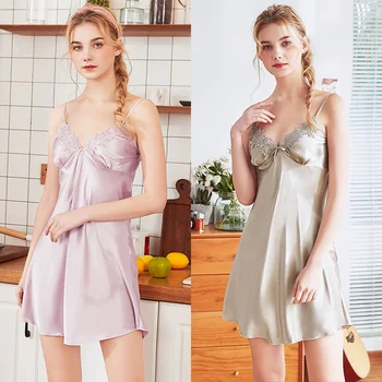 Gelo Seda Nightdress Mulheres Pijama de Verão Lace Sexy Suspender Pijama Sleepwear