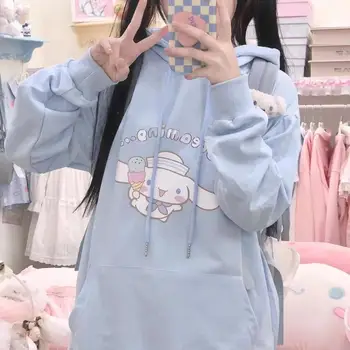 Kawaii Capuz Sanrio Cinnamoroll Anime Bonito Inverno Quente Luxuoso Engrossar Pano Vintage Impressão Solta Aluno Jaqueta Casaco De Meninas Dom