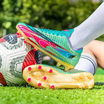 Marca de Moda Colorido de Futebol Profissional Sapatos Homens Mulheres Grama Longa Picos de Futebol Chuteiras Homens de Futsal, Tênis de zapatos de futbol