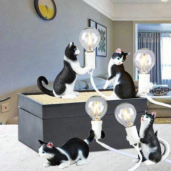 Moderno Resina Animal Gato Candeeiro de Mesa Pequeno Mini DIODO emissor de Luz da Mesa das Crianças a Decoração do Quarto da Noite Luzes de Cabeceira E12 Iluminação Home