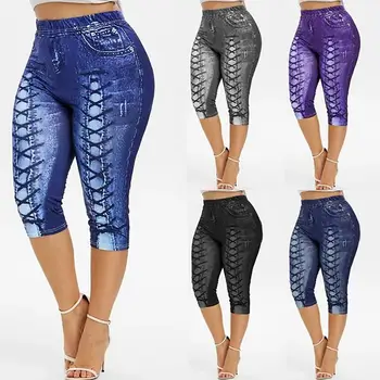 Mulheres Yoga Curto Leggings Falso Jeans De Senhoras Short Calças De Cintura Alta Com Estampa Floral Feminino Shorts