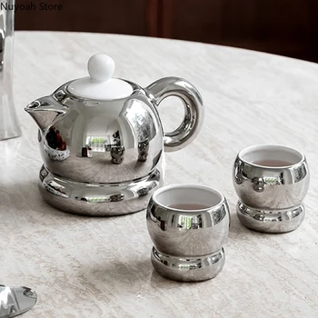 Nordic Prata banhado de Chá Cerâmica Set Família Bule de chá Xícara de Chá de 900 ml de Capacidade Grande Bule de chá Sala de estar, Mesa de Chá Decoração