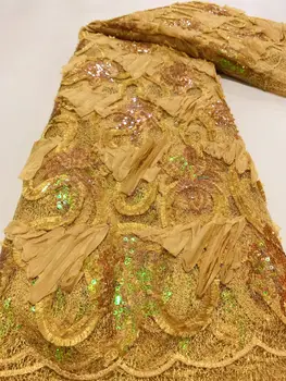 Novo Ouro 3D Africana Laço de Tecido de Alta Qualidade Com Lantejoulas francês Nigeriano Laços de Tule Bordado Vestido de Noiva DIY de Costura
