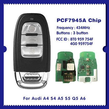 Para Audi A4 S4 A5 S5 Q5 A6 Carro Smart Card Remoto, Chave Keyless Go PCF7945A 434Mhz 8T0 959 754F /4G0 959754 F CN008081