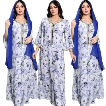 Primavera, Outono Muçulmano Impresso Maxi Manto Islâmica Hijab Vestido De Fita Árabe Abaya Mulheres Do Oriente Médio Étnica Marroquino Jalabiya Vestido
