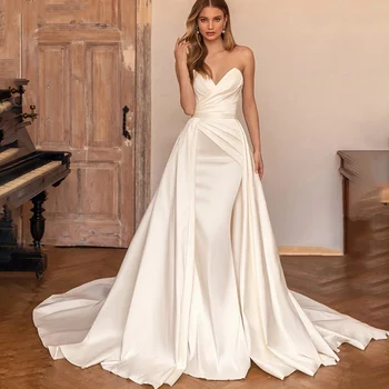 RAINHA Elegante de Cetim Vestido de Noiva Sereia Destacável Trem Fora do Ombro 2023 Vestido de Noiva Sexy V-Pescoço Vestido de Casamento Feito