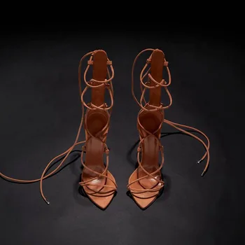 Romano gladiador lace-up sandálias de verão das mulheres apontou-toe de salto alto sandálias cruz-nó de gravata e salto alto sexy senhoras sandália lace up