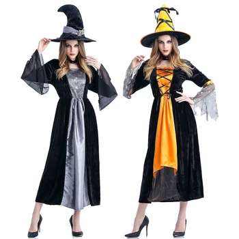 Trajes de Halloween Traje da Bruxa Mulheres Adulto Adulto Fantasia Vestido Chapéu de Luxo Cosplay de Roupas para a Mulher Momento Mágico