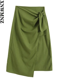XNWMNZ 2022 Mulheres da Moda Verde Roupa de Algodão Envoltório de meio Comprimento de Saia Mulher Retro Fenda de Cintura Alta Chic Feminino Saias