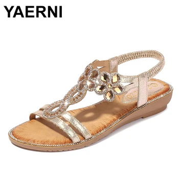 YAERNI Boêmio Suave de Verão, Sapatos Mulheres Bling Flor de Cristal Sandálias de Alta Qualidade Strass Casuais Sapatos de Tamanho Grande 36-42